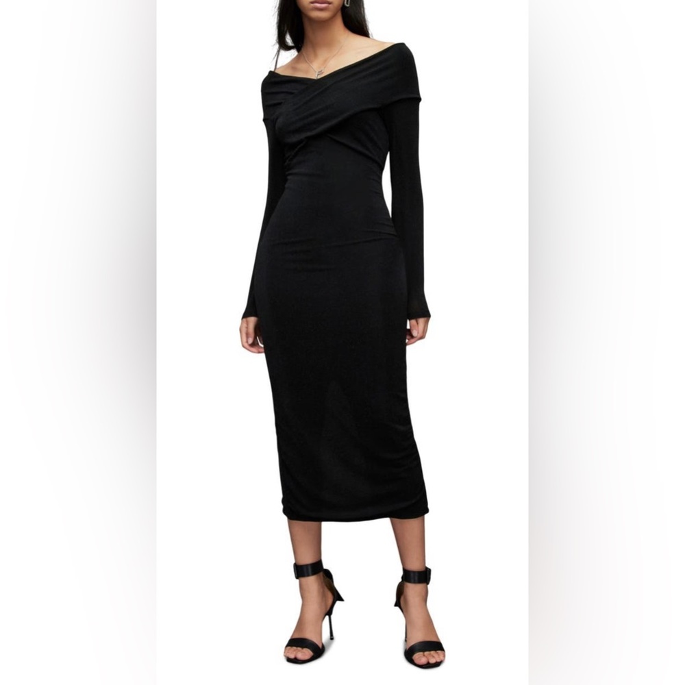 AllSaints Delta Shimmer Off the Shoulder Long Sleeve MIDI Dress Black Med